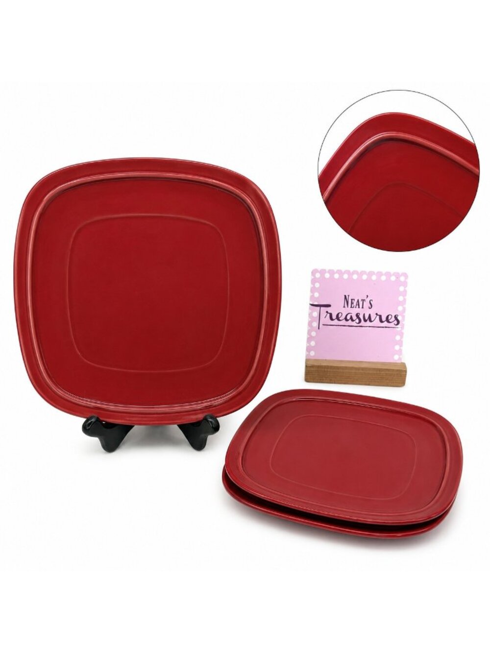 Home Trends CANOPY RED Cranberry Embossed Square Porcelain Salad Plates Set of 3